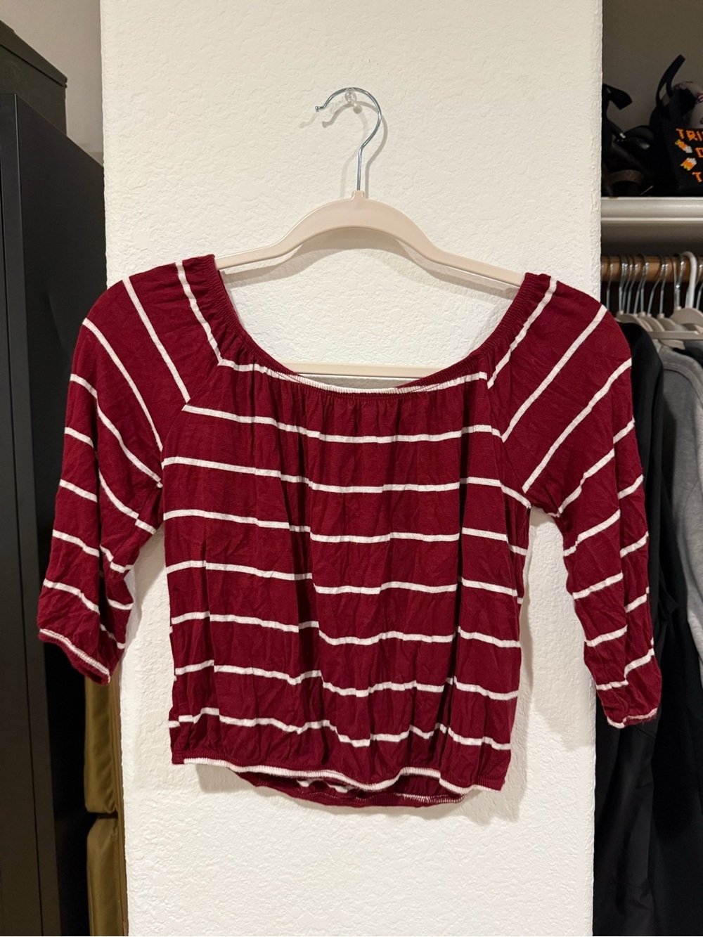 Hollister Burgundy and White Striped Off-Shoulder Crop Top